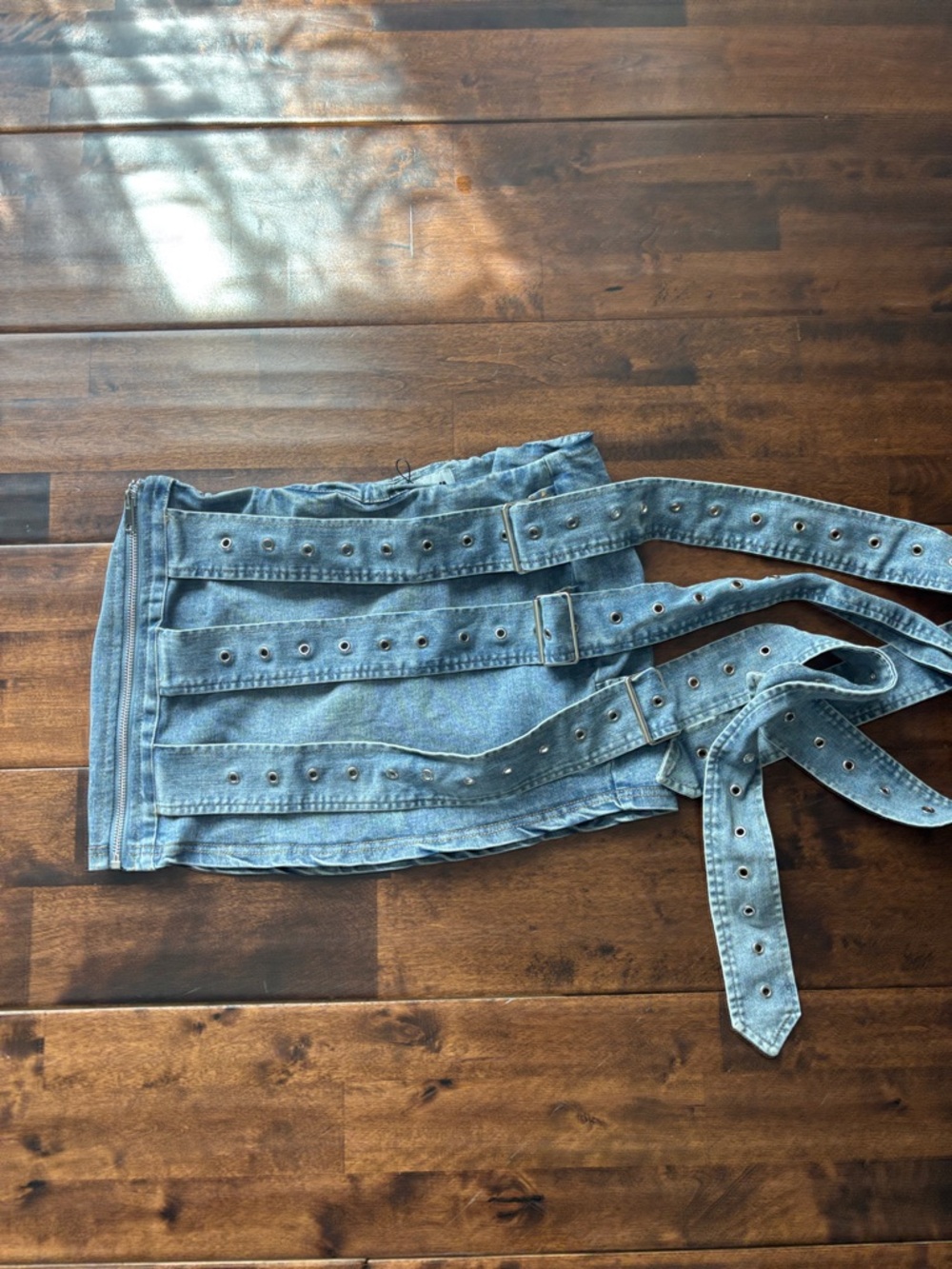 Fashion Nova Light Blue Denim Mini Skirt with Grommet Straps